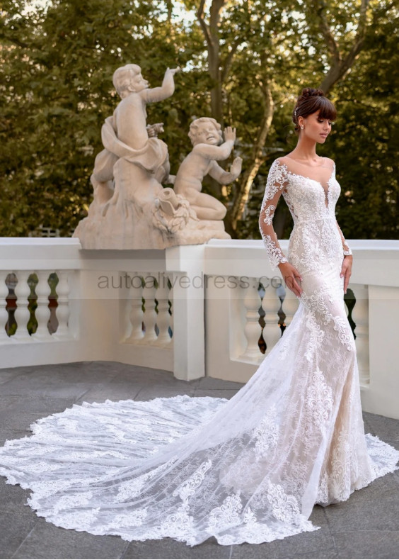 Long Sleeves Lace Tulle Illusion Back Timeless Wedding Dress